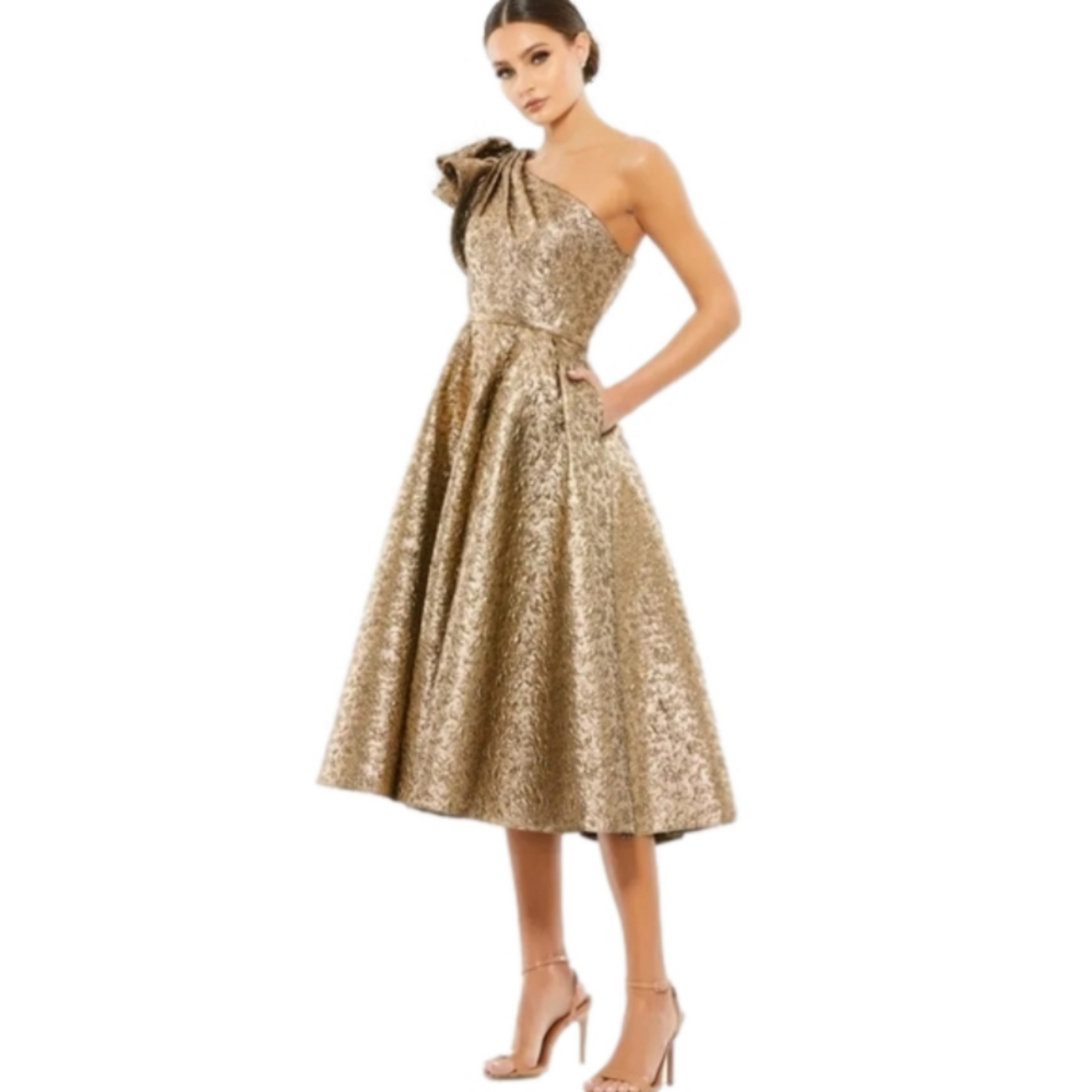 Mac Duggal  67906 Tea Length One Shoulder Dress in Antique Gold NWT  Size 12
